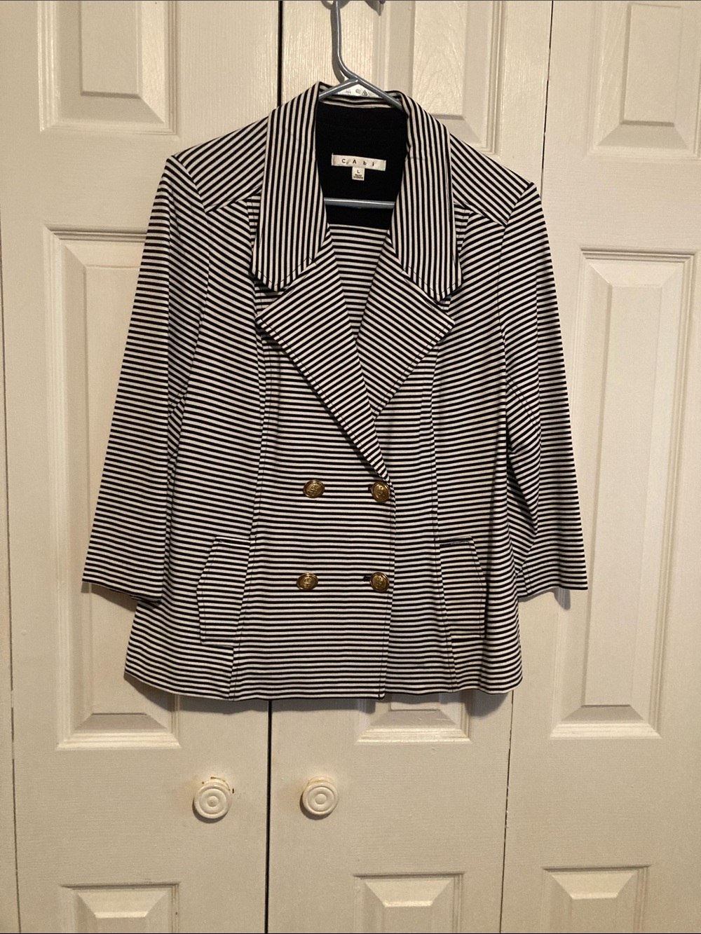 CAbi Black and White Striped Double-Breasted Blazer